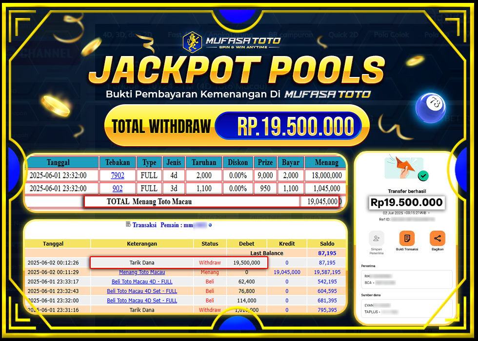 MUFASATOTO JACKPOT POOL TOTO MACAU Rp.19.500.000 | LUNAS